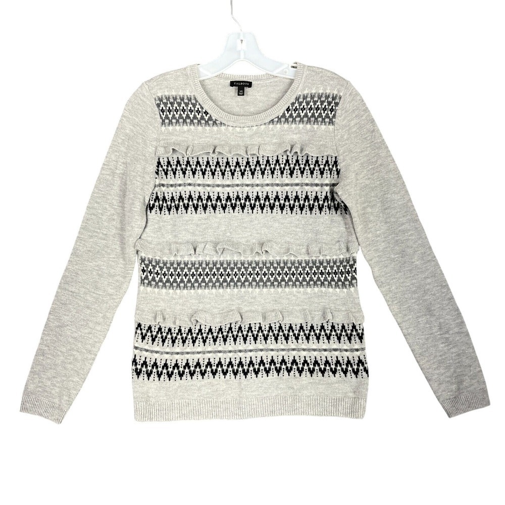 Talbots Sweater‎ Womens XS Gray Lambswool Nordic Fair Isle Ruffle Crewneck